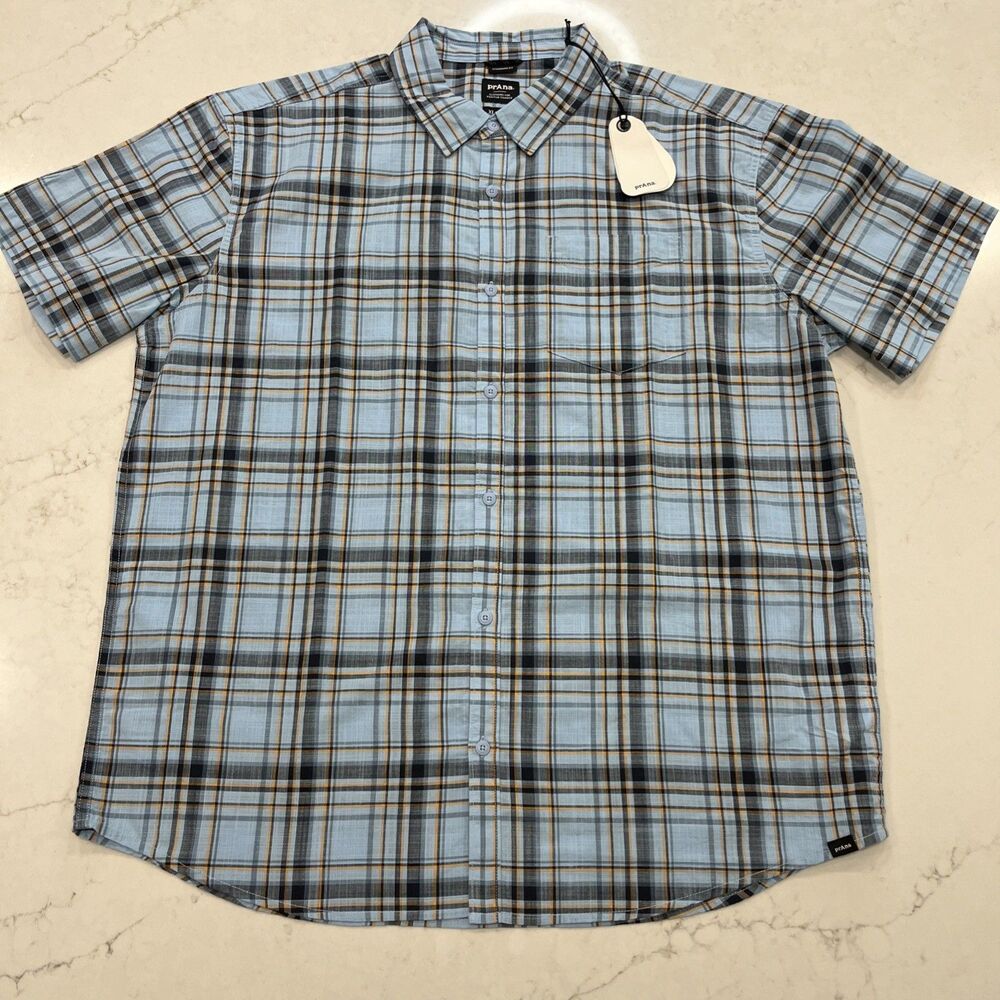 Prana New XL Groveland Shirt Bay Blue Short Sleeve Button Up Organic Plaid